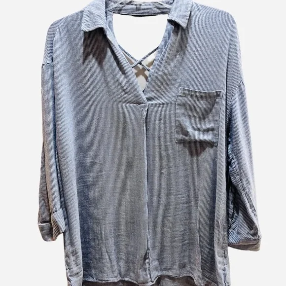 William Rast Blue Chambray Ticking Striped Pullover Top 3/4 Sleeves Sz M - Picture 2 of 11